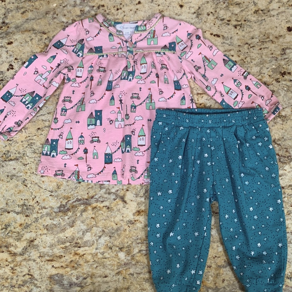 (2 Pc) NWOT Angel Dear Pink/Teal Cinderella Castle Long Sleeve Jogger Set Sz 3-6